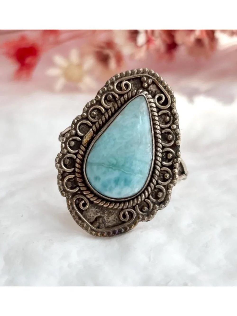 Blue Larimar Gemstone Scalloped Oxidized Sterling Silver 925 Vintage Ring - sz 8